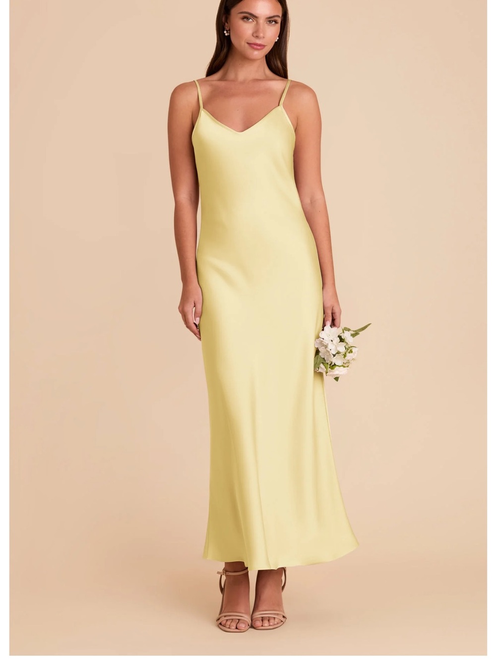 Satin Spaghetti-Strap Maxi Dress in Pale Yellow